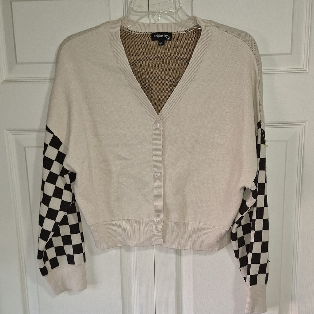 Originality Cardigan Beige Black Checkered Sleeves Smiley Face - S - V Neck